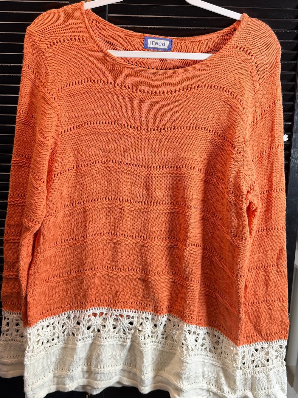 Austin Reed Orange and Cream Crochet-Hem Scoopneck Sweater